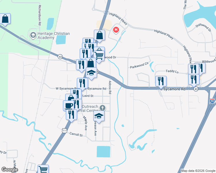 map of restaurants, bars, coffee shops, grocery stores, and more near 900-920 East Sycamore Road in Picayune