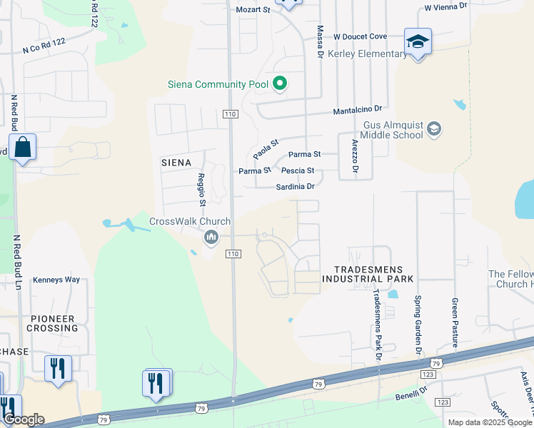 map of restaurants, bars, coffee shops, grocery stores, and more near 5540 Sofia Place in Round Rock
