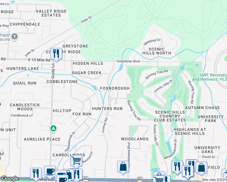 map of restaurants, bars, coffee shops, grocery stores, and more near 1333 Foxborough Drive in Pensacola