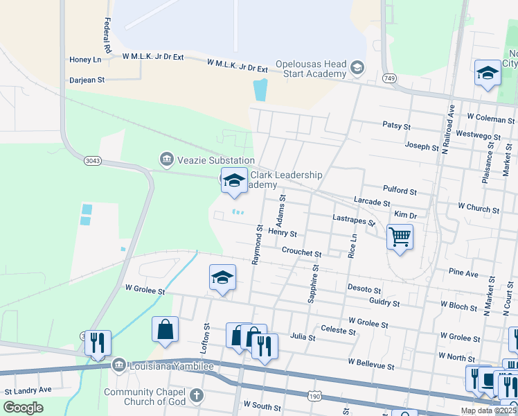 map of restaurants, bars, coffee shops, grocery stores, and more near 850 Raymond Street in Opelousas