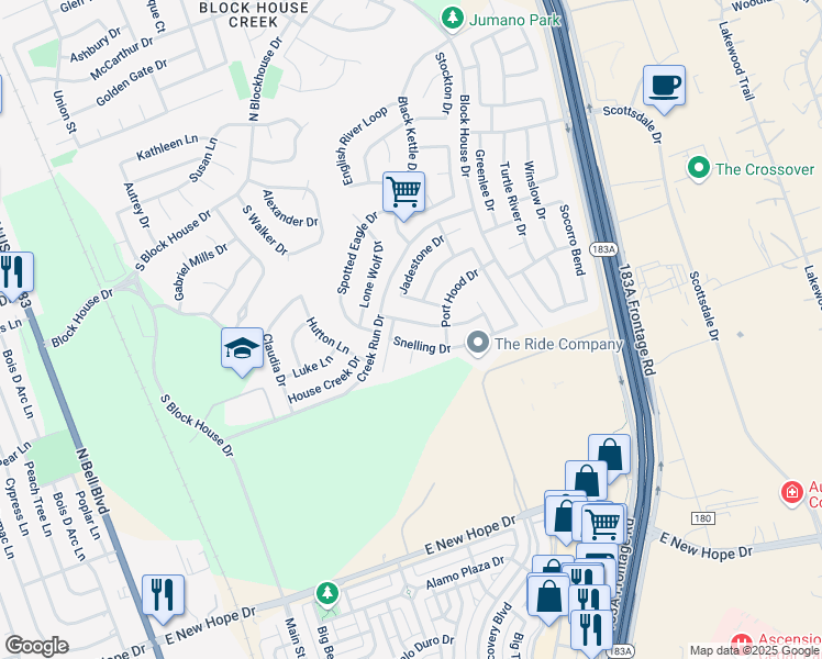 map of restaurants, bars, coffee shops, grocery stores, and more near 15010 Snelling Drive in Leander
