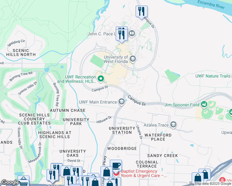 map of restaurants, bars, coffee shops, grocery stores, and more near 11000 University Parkway in Pensacola