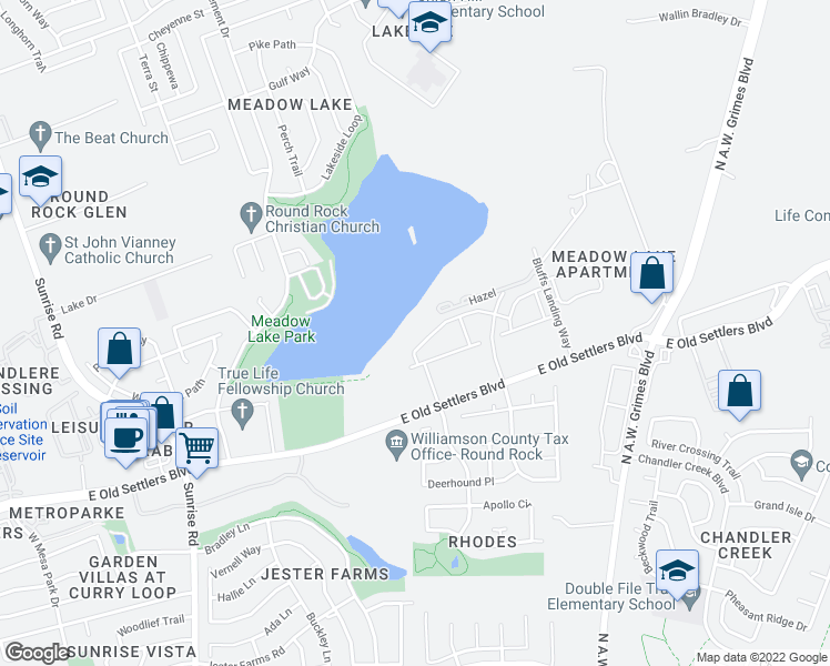 map of restaurants, bars, coffee shops, grocery stores, and more near 1842 East Old Settlers Boulevard in Round Rock