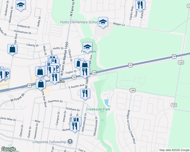 map of restaurants, bars, coffee shops, grocery stores, and more near 601 East Front Street in Hutto