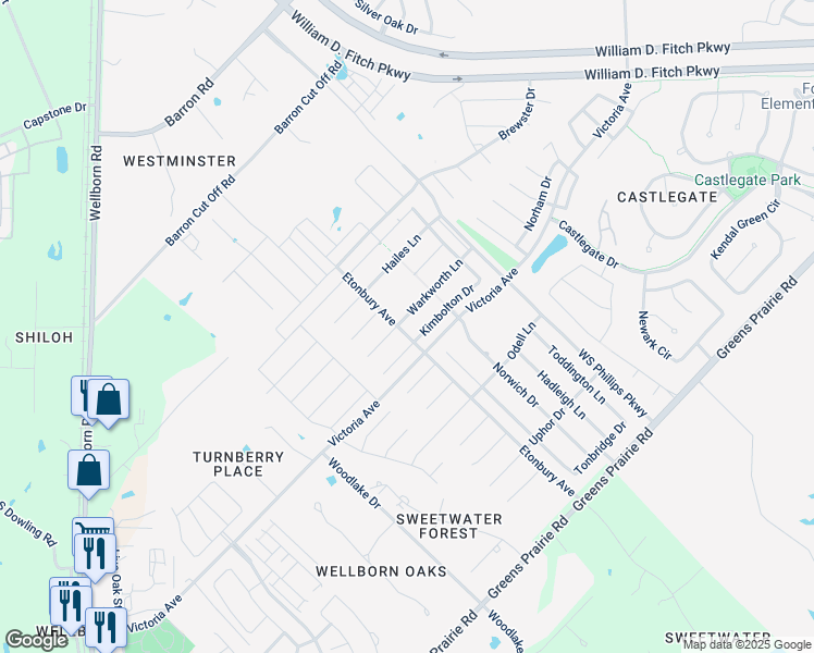 map of restaurants, bars, coffee shops, grocery stores, and more near 2605 Warkworth Lane in College Station