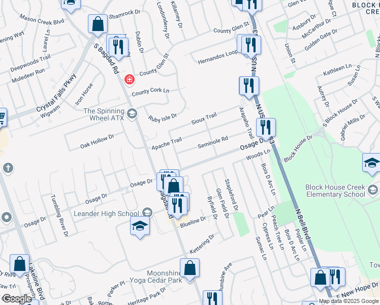 map of restaurants, bars, coffee shops, grocery stores, and more near 600 Seminole Road in Leander