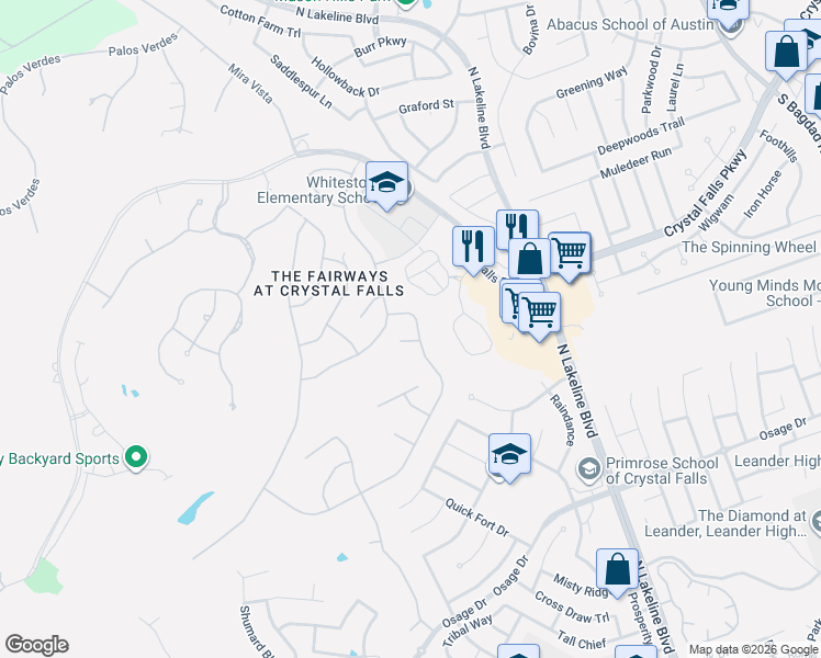 map of restaurants, bars, coffee shops, grocery stores, and more near 1801 Leaders Lane in Leander