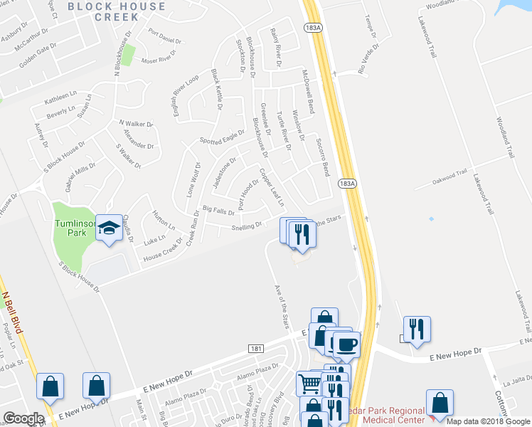 map of restaurants, bars, coffee shops, grocery stores, and more near 16203 Mones Lane in Leander