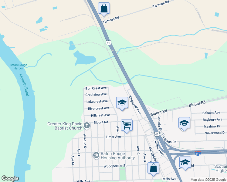 map of restaurants, bars, coffee shops, grocery stores, and more near 11200 Avenue F in Baton Rouge