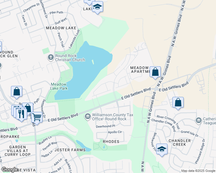 map of restaurants, bars, coffee shops, grocery stores, and more near 3201 College Park Drive in Round Rock