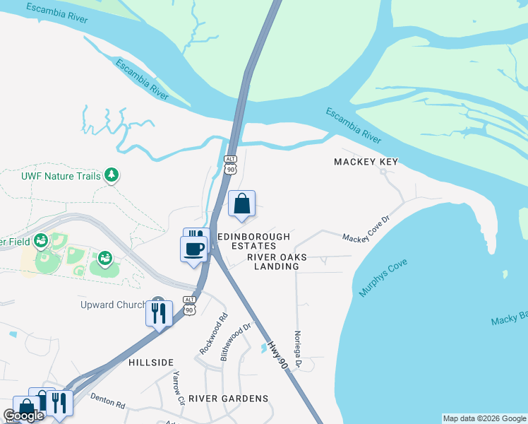 map of restaurants, bars, coffee shops, grocery stores, and more near 3405 Riverside Drive in Pensacola