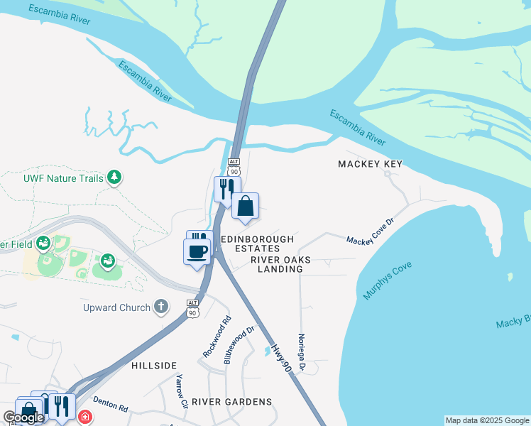 map of restaurants, bars, coffee shops, grocery stores, and more near 3405 Riverside Drive in Pensacola