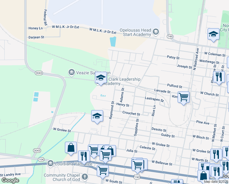 map of restaurants, bars, coffee shops, grocery stores, and more near 850 Raymond Street in Opelousas