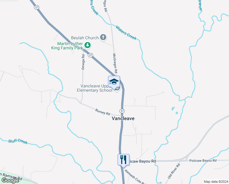 map of restaurants, bars, coffee shops, grocery stores, and more near 13901 Mississippi 57 in Vancleave