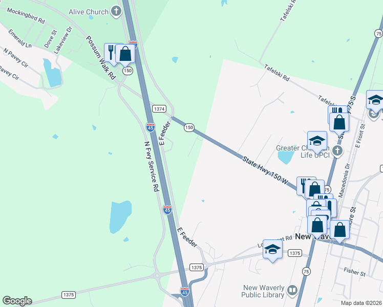 map of restaurants, bars, coffee shops, grocery stores, and more near 15 Colony Road in New Waverly