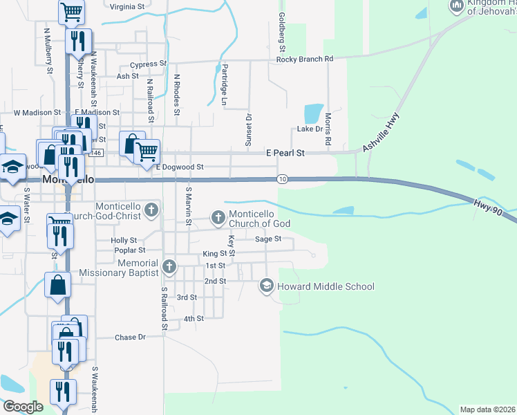 map of restaurants, bars, coffee shops, grocery stores, and more near 1140 Branch Street in Monticello