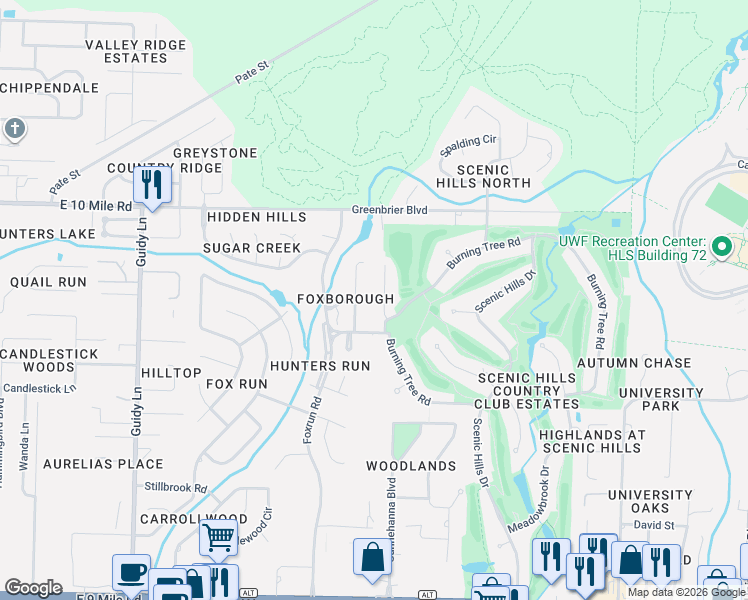 map of restaurants, bars, coffee shops, grocery stores, and more near 9900 Fairway Villas Lane in Pensacola
