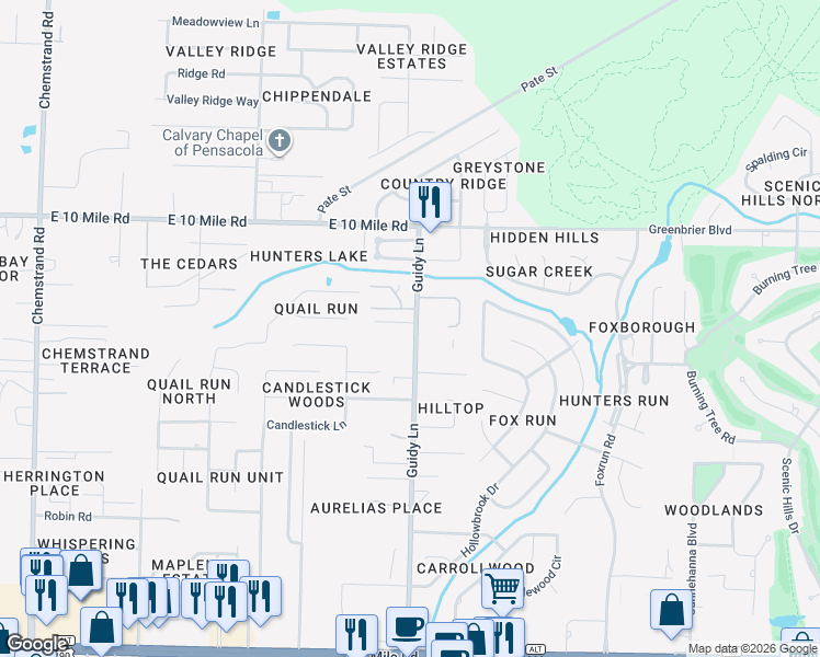 map of restaurants, bars, coffee shops, grocery stores, and more near 9991 Guidy Lane in Pensacola
