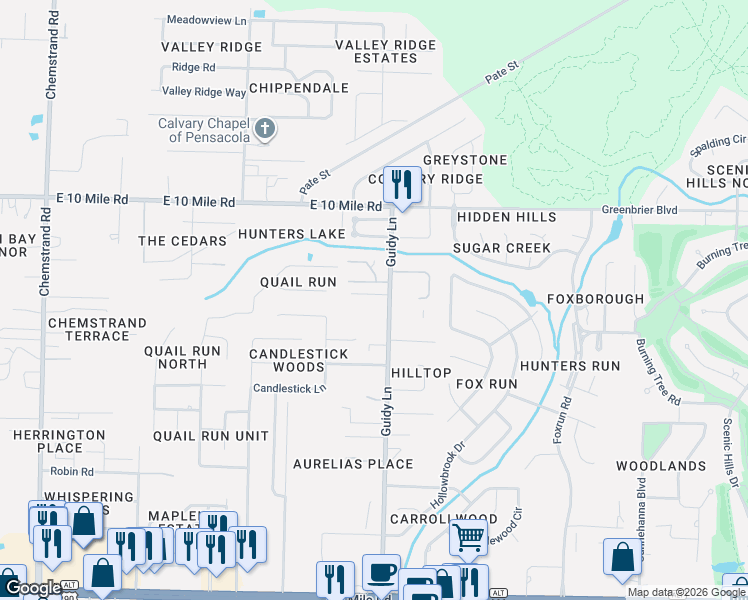 map of restaurants, bars, coffee shops, grocery stores, and more near 9991 Guidy Lane in Pensacola
