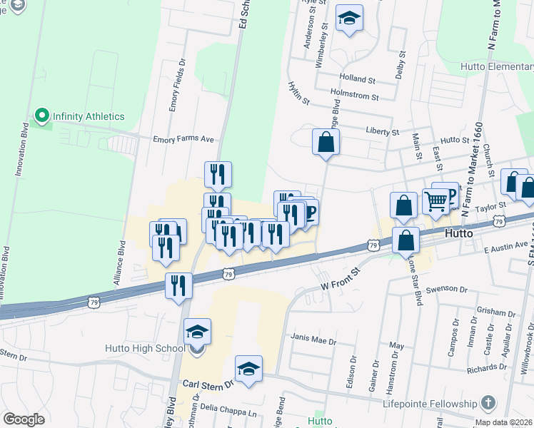 map of restaurants, bars, coffee shops, grocery stores, and more near 320 Ed Schmidt Boulevard in Hutto