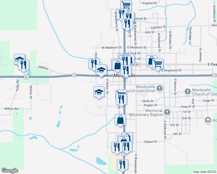 map of restaurants, bars, coffee shops, grocery stores, and more near 395 West Palmer Mill Road in Monticello