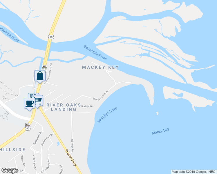 map of restaurants, bars, coffee shops, grocery stores, and more near 3698 Mackey Cove Drive in Pensacola