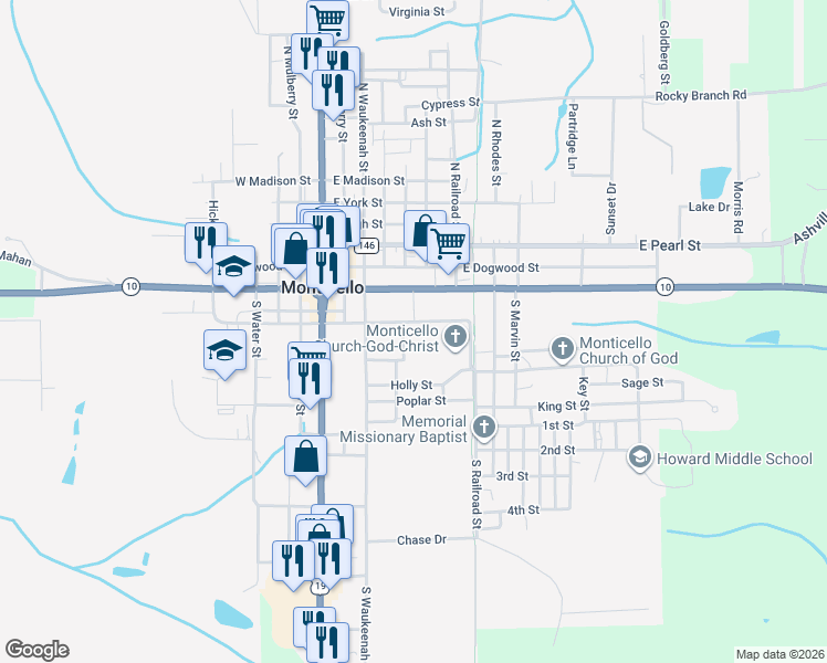 map of restaurants, bars, coffee shops, grocery stores, and more near 390 Maple Street in Monticello