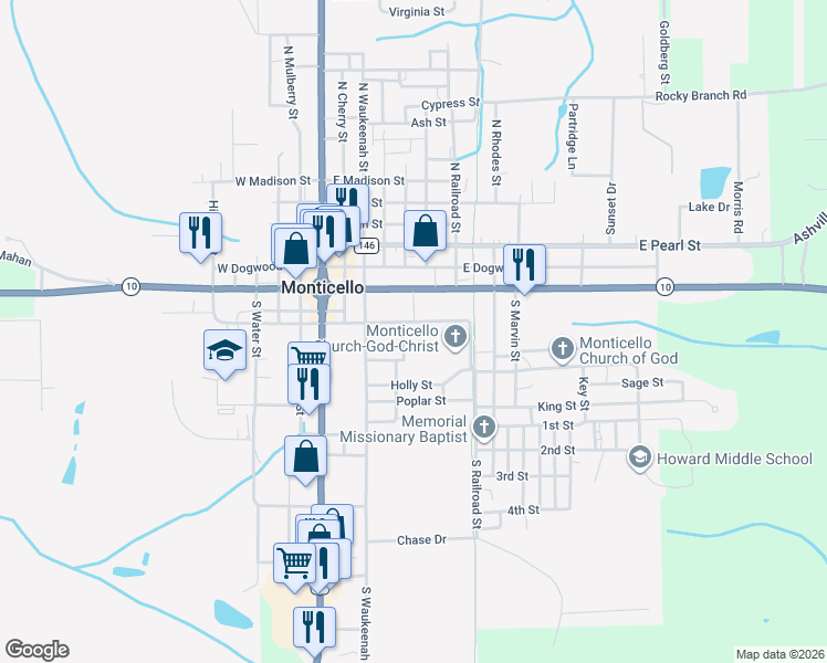 map of restaurants, bars, coffee shops, grocery stores, and more near 515 East Palmer Mill Road in Monticello