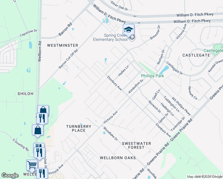 map of restaurants, bars, coffee shops, grocery stores, and more near 2617 Kinnersley Court in College Station