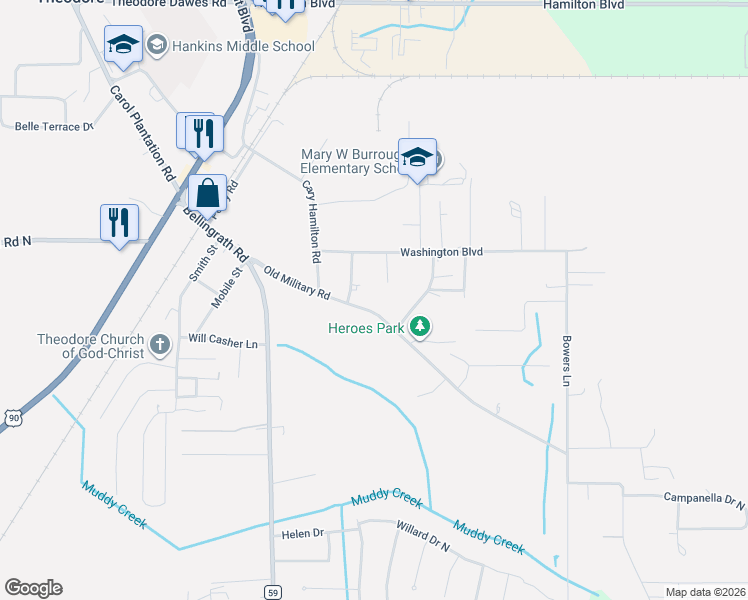 map of restaurants, bars, coffee shops, grocery stores, and more near 7099-7117 Old Military Road in Theodore