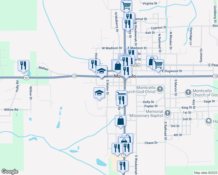 map of restaurants, bars, coffee shops, grocery stores, and more near 395 West Palmer Mill Road in Monticello
