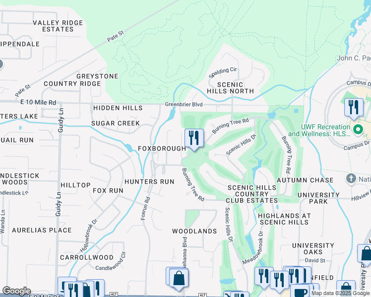 map of restaurants, bars, coffee shops, grocery stores, and more near 9900 Fairway Villas Lane in Pensacola
