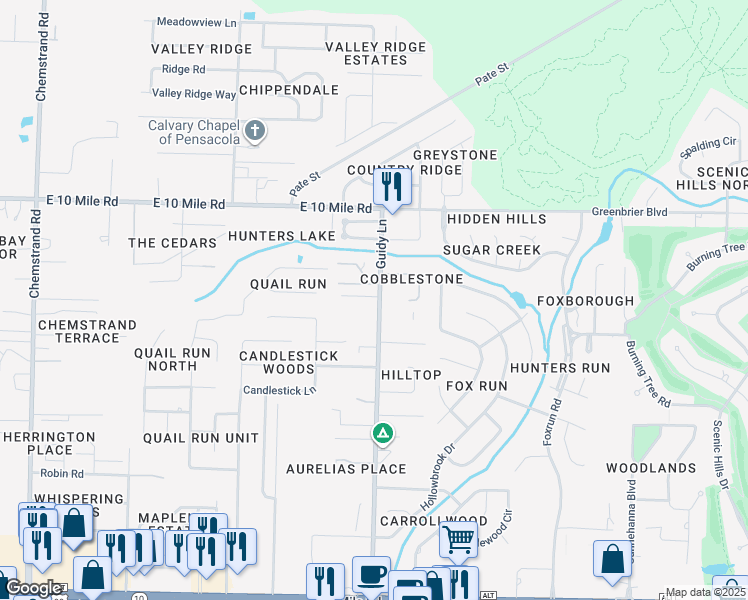 map of restaurants, bars, coffee shops, grocery stores, and more near 306 Guidy Lane in Pensacola