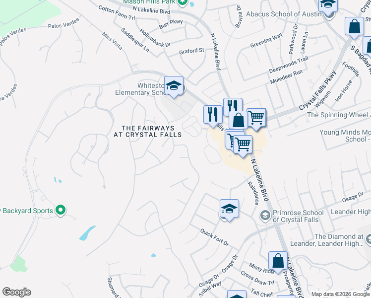 map of restaurants, bars, coffee shops, grocery stores, and more near 1727 Rowdy Loop in Leander