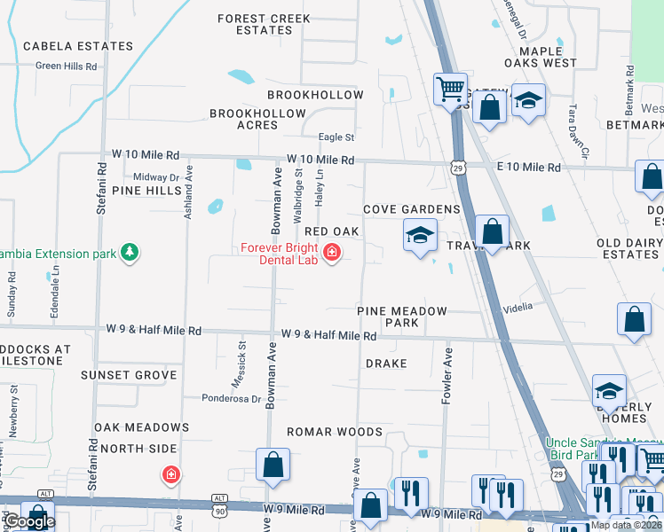 map of restaurants, bars, coffee shops, grocery stores, and more near 670 Carlton Road in Pensacola