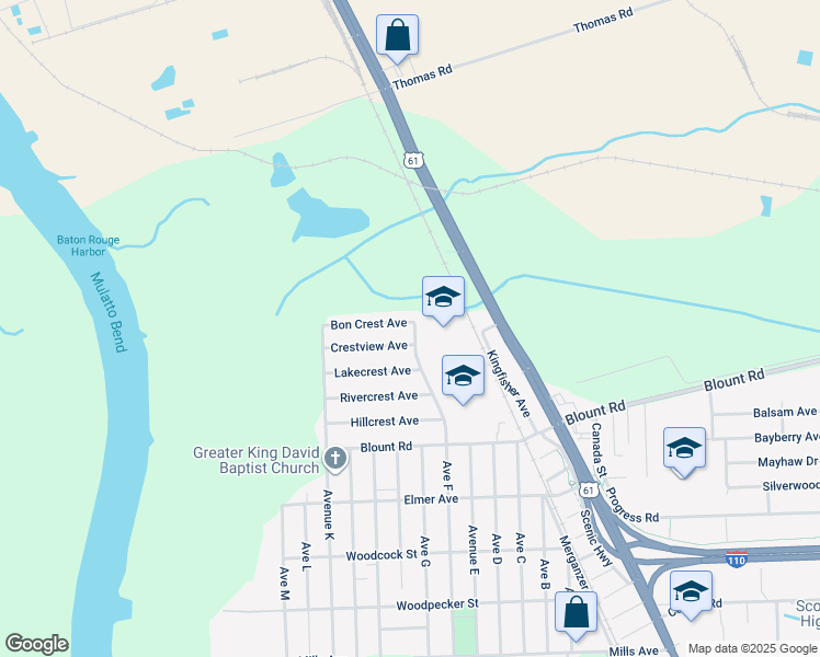map of restaurants, bars, coffee shops, grocery stores, and more near 385 Bon Crest Avenue in Baton Rouge