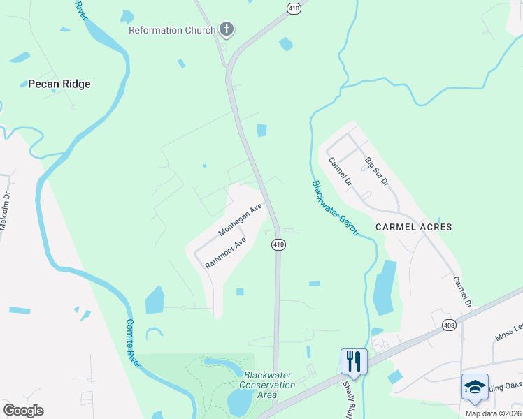 map of restaurants, bars, coffee shops, grocery stores, and more near 10215 Blackwater Road in Baker