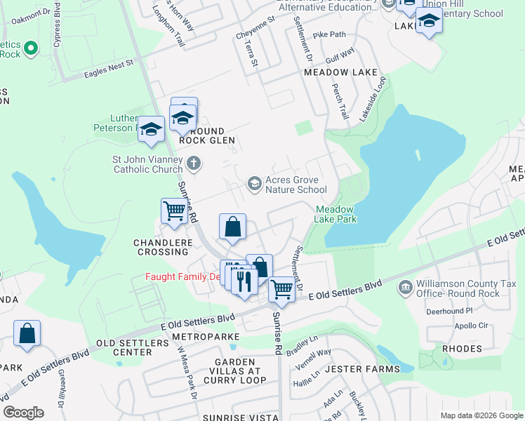 map of restaurants, bars, coffee shops, grocery stores, and more near 13 Lake Drive in Round Rock