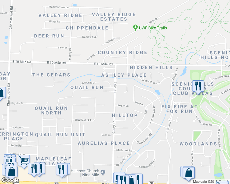 map of restaurants, bars, coffee shops, grocery stores, and more near 10010 Guidy Lane in Pensacola