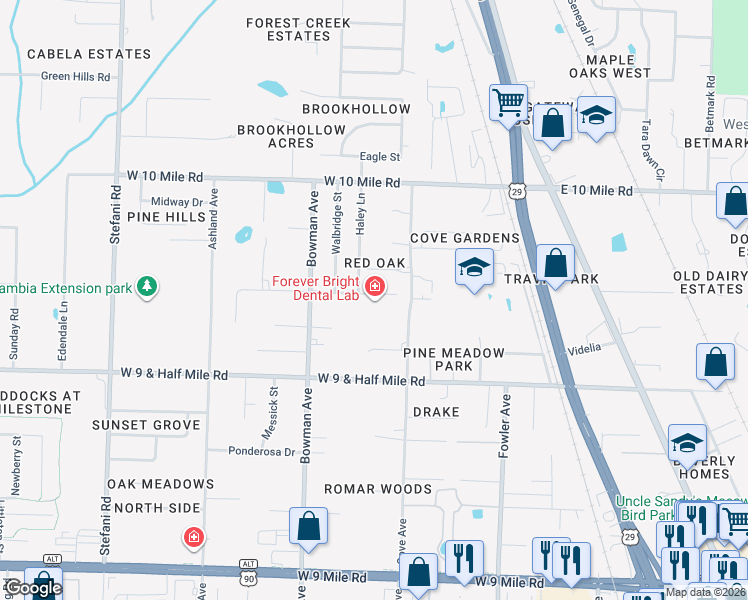 map of restaurants, bars, coffee shops, grocery stores, and more near 670 Carlton Road in Pensacola