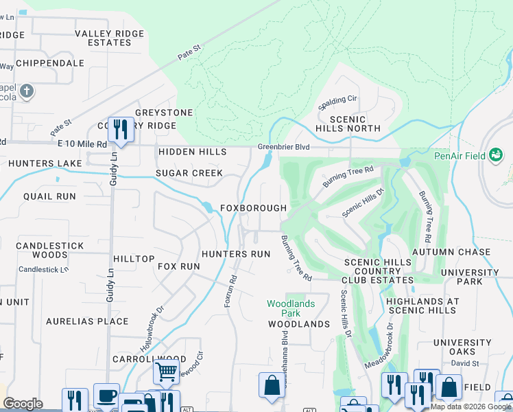 map of restaurants, bars, coffee shops, grocery stores, and more near 10133 Vixen Place in Pensacola