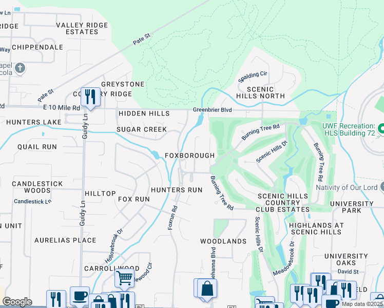map of restaurants, bars, coffee shops, grocery stores, and more near 10133 Vixen Place in Pensacola