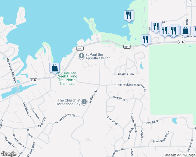map of restaurants, bars, coffee shops, grocery stores, and more near 304 Hi Ridge Road in Marble Falls