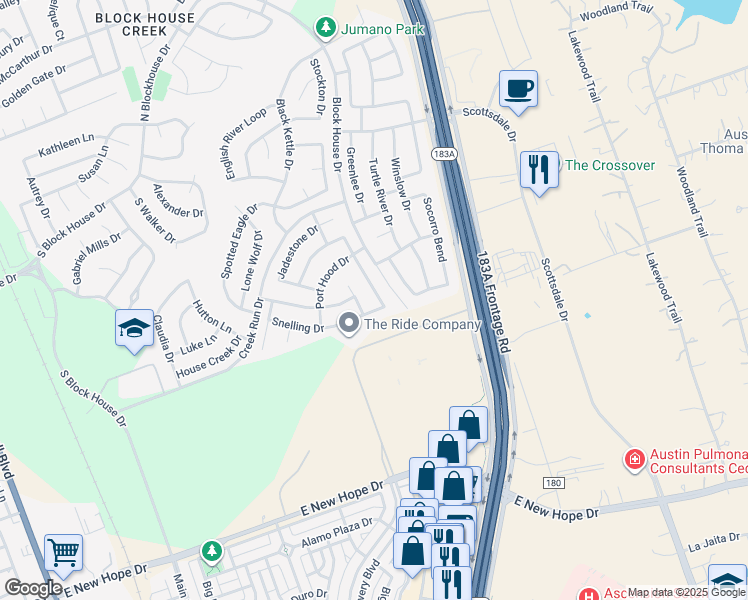 map of restaurants, bars, coffee shops, grocery stores, and more near 16210 Copper Leaf Lane in Leander