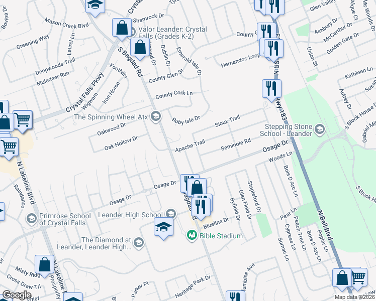 map of restaurants, bars, coffee shops, grocery stores, and more near 705 Apache Trail in Leander