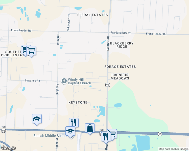 map of restaurants, bars, coffee shops, grocery stores, and more near 9995 Beulah Road in Pensacola