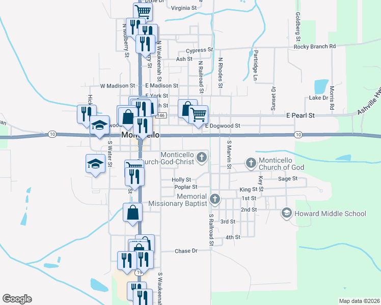 map of restaurants, bars, coffee shops, grocery stores, and more near 150 Hill Street in Monticello