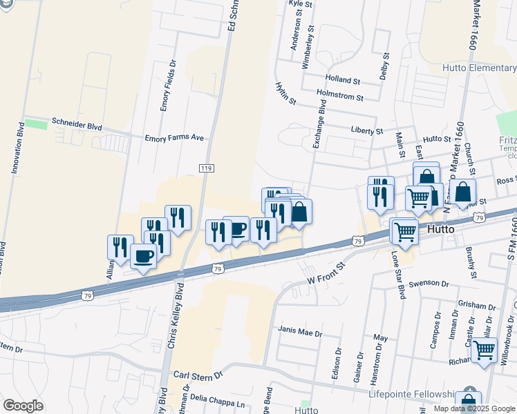 map of restaurants, bars, coffee shops, grocery stores, and more near 600 U.S. 79 West in Hutto