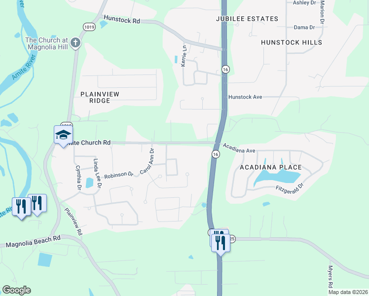 map of restaurants, bars, coffee shops, grocery stores, and more near 7761 Amite Church Road in Denham Springs