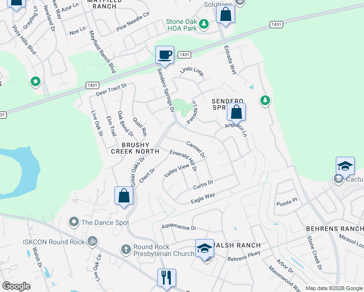 map of restaurants, bars, coffee shops, grocery stores, and more near 3802 Carmel Drive in Round Rock